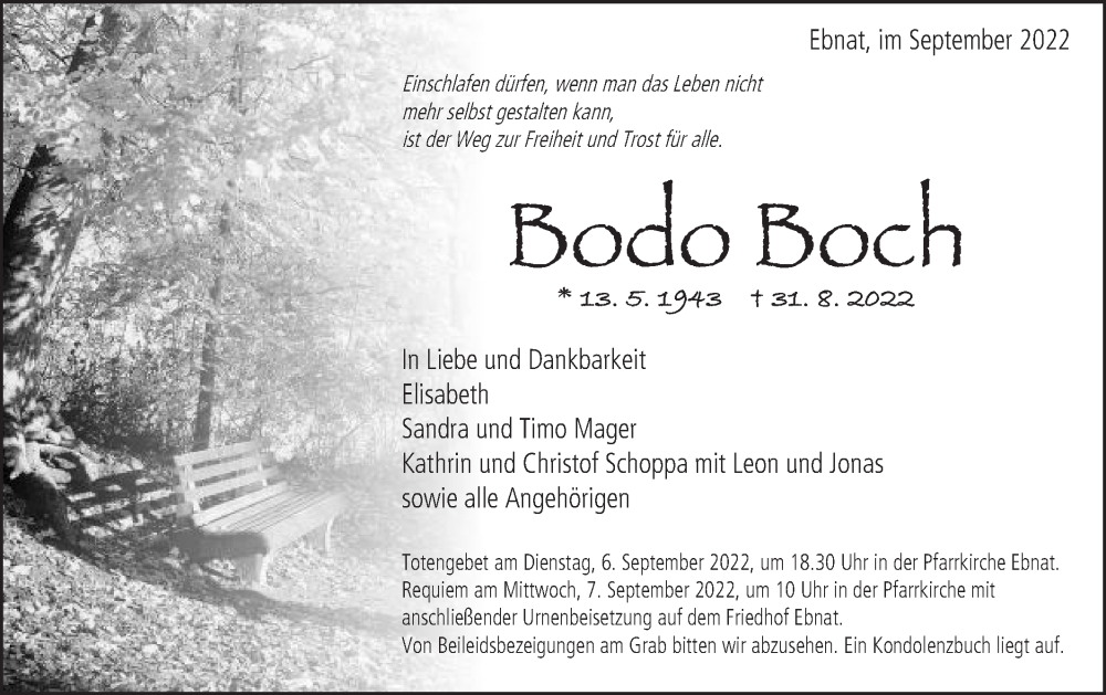  Traueranzeige für Bodo Boch vom 03.09.2022 aus Schwäbische Post