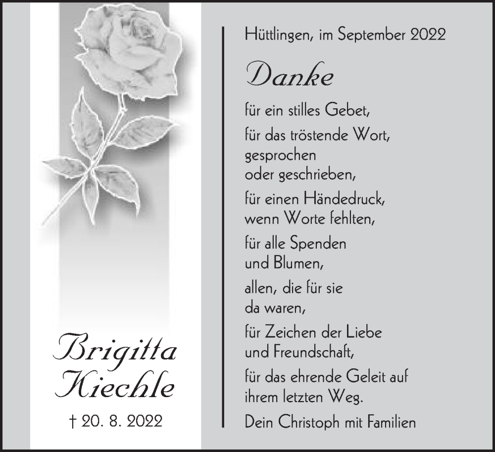  Traueranzeige für Brigitta Kiechle vom 24.09.2022 aus Schwäbische Post