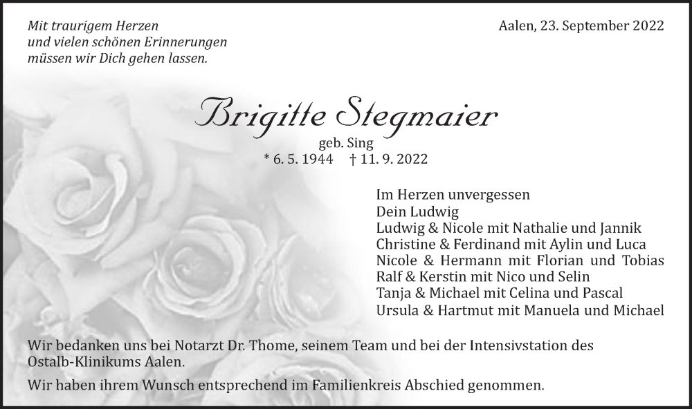  Traueranzeige für Brigitte Stegmaier vom 23.09.2022 aus Schwäbische Post
