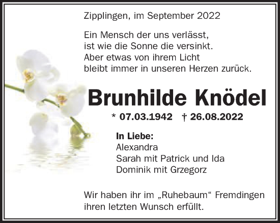 Traueranzeige von Brunhilde Knödel von Schwäbische Post
