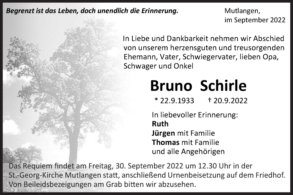  Traueranzeige für Bruno Schirle vom 27.09.2022 aus Gmünder Tagespost