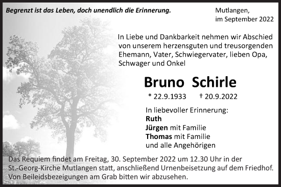 Traueranzeige von Bruno Schirle