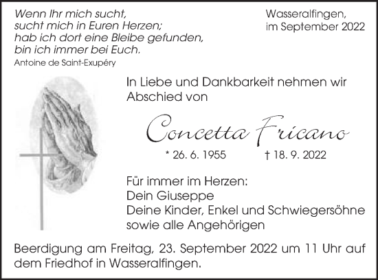 Traueranzeige von Concetta Fricano von Schwäbische Post