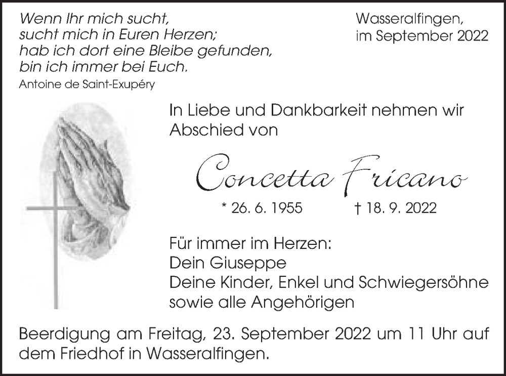  Traueranzeige für Concetta Fricano vom 21.09.2022 aus Schwäbische Post
