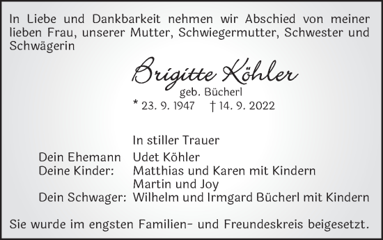 Traueranzeige von Dein Brigitte Köhler von Schwäbische Post