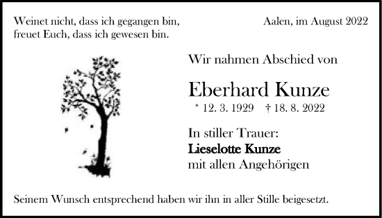 Traueranzeige von Eberhard Kunze von Schwäbische Post