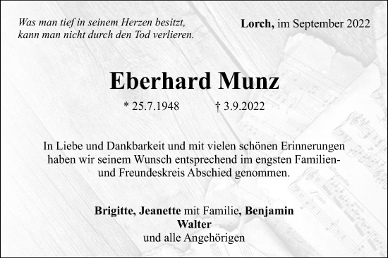 Traueranzeige von Eberhard Munz von Gmünder Tagespost