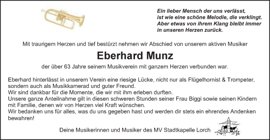 Traueranzeige von Eberhard Munz von Gmünder Tagespost