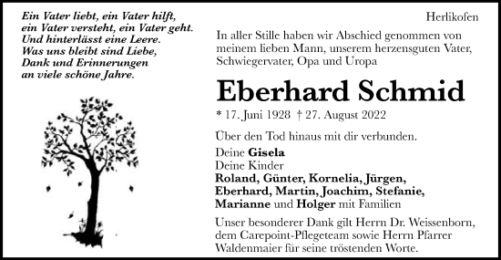 Traueranzeige von Eberhard Schmid von Gmünder Tagespost