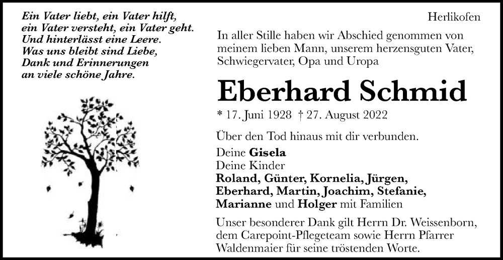  Traueranzeige für Eberhard Schmid vom 07.09.2022 aus Gmünder Tagespost