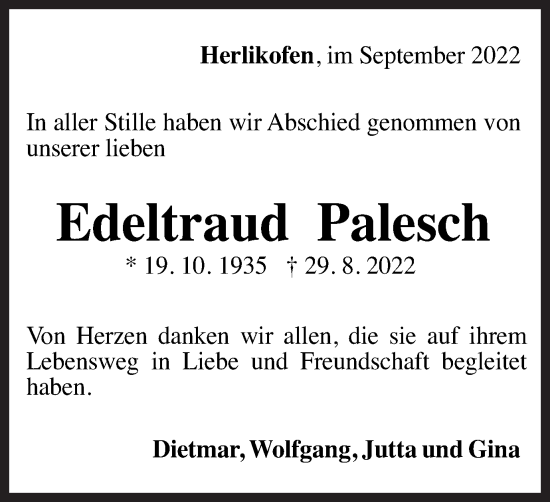 Traueranzeige von Edeltraud Palesch von Gmünder Tagespost