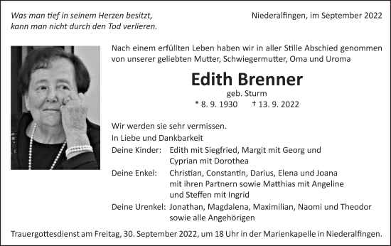 Traueranzeige von Edith Brenner von Schwäbische Post