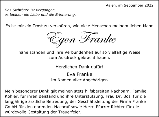 Traueranzeige von Egon Franke von Schwäbische Post