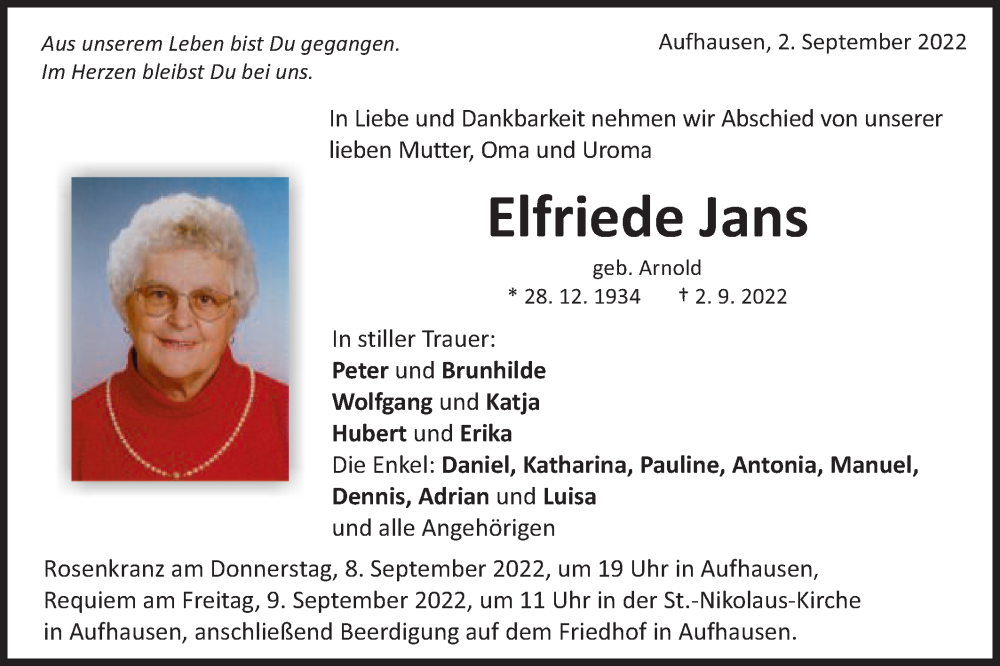  Traueranzeige für Elfriede Jans vom 06.09.2022 aus OstalbTrauer