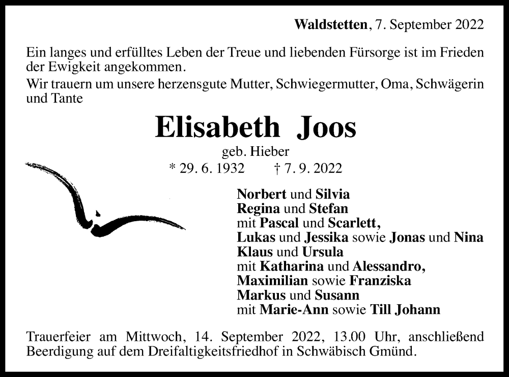  Traueranzeige für Elisabeth Joos vom 10.09.2022 aus Gmünder Tagespost