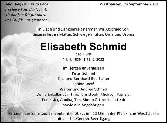 Traueranzeige von Elisabeth Schmid von Schwäbische Post