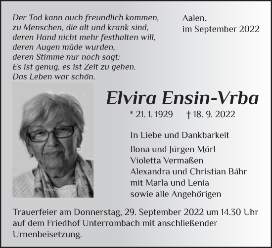Traueranzeige von Elvira Ensin-Vrba von Schwäbische Post