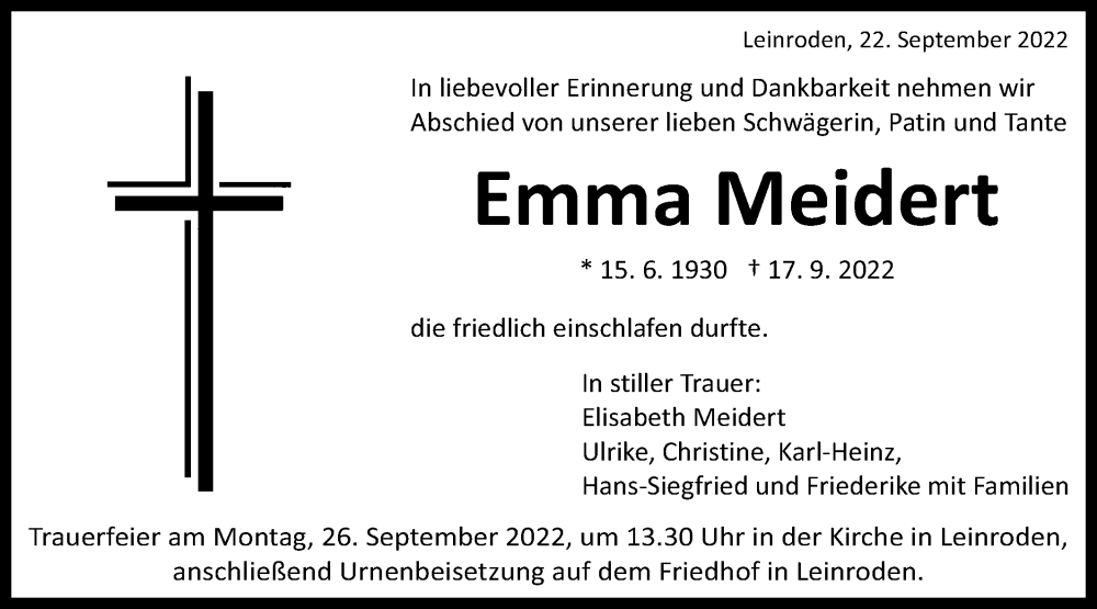  Traueranzeige für Emma Meidert vom 22.09.2022 aus Schwäbische Post