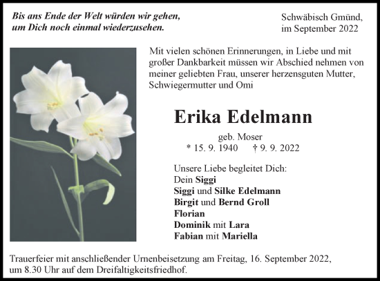 Traueranzeige von Erika Edelmann von Gmünder Tagespost