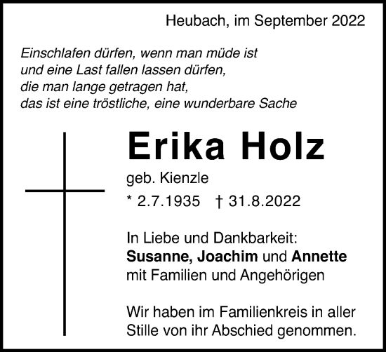 Traueranzeige von Erika Holz von Gmünder Tagespost