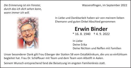 Traueranzeige von Erwin Binder von Schwäbische Post