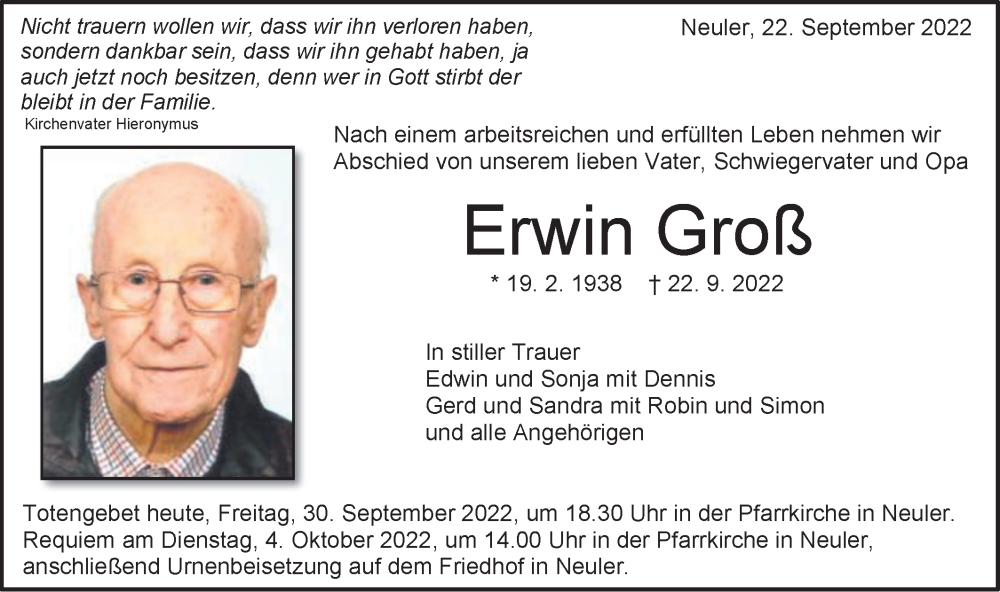  Traueranzeige für Erwin Groß vom 30.09.2022 aus Schwäbische Post