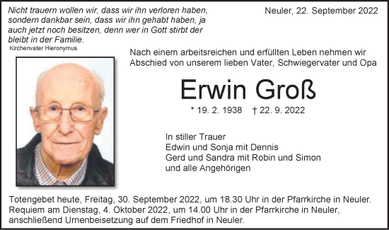 Traueranzeige von Erwin Groß von Schwäbische Post