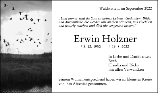 Traueranzeige von Erwin Holzner von Gmünder Tagespost