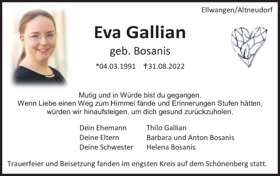Traueranzeige von Eva Gallian von Schwäbische Post