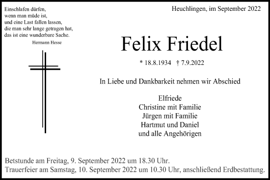 Traueranzeige von Felix Friedel von Gmünder Tagespost