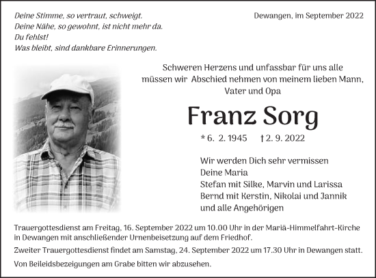 Traueranzeige von Franz Sorg von Schwäbische Post