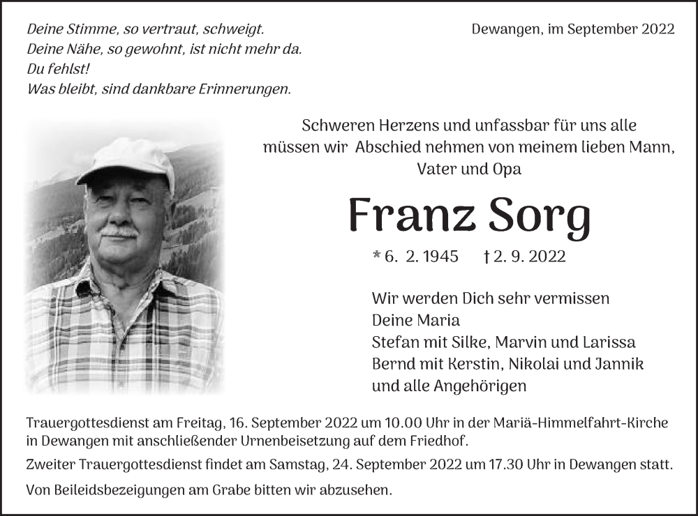  Traueranzeige für Franz Sorg vom 14.09.2022 aus Schwäbische Post