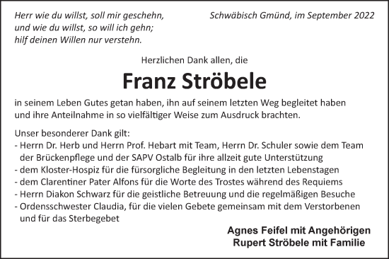 Traueranzeige von Franz Ströbele von Gmünder Tagespost