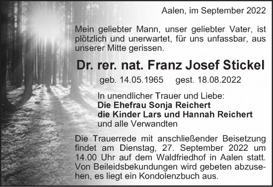 Traueranzeige von Franz Josef Stickel von Schwäbische Post