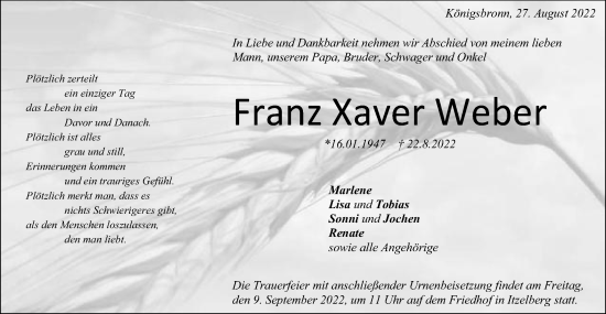 Traueranzeige von Franz Xaver Weber von Schwäbische Post