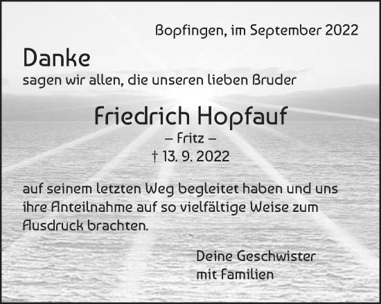 Traueranzeige von Friedrich Hopfauf von Bopfinger Stadtanzeiger