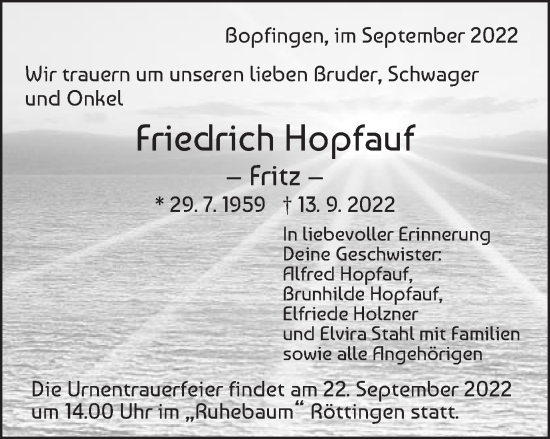 Traueranzeige von Friedrich Hopfauf von Schwäbische Post