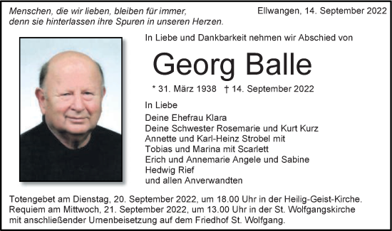 Traueranzeige von Georg Balle von Schwäbische Post