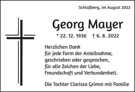 Traueranzeige von Georg Mayer von Bopfinger Stadtanzeiger