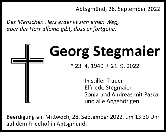 Traueranzeige von Georg Stegmaier von Schwäbische Post