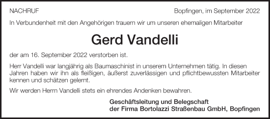 Traueranzeige von Gerd Vandelli von Schwäbische Post