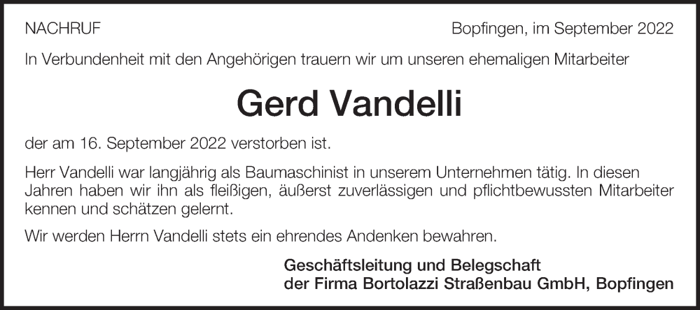  Traueranzeige für Gerd Vandelli vom 22.09.2022 aus Schwäbische Post