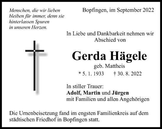 Traueranzeige von Gerda Hägele von Schwäbische Post