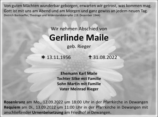 Traueranzeige von Gerlinde Maile von Schwäbische Post