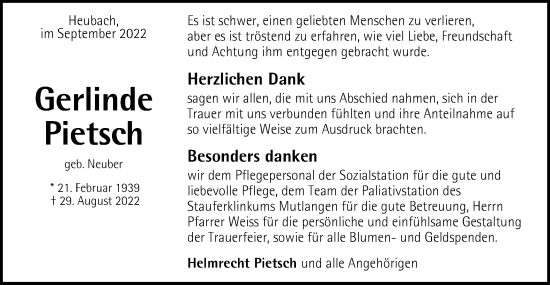 Traueranzeige von Gerlinde Pietsch von Gmünder Tagespost