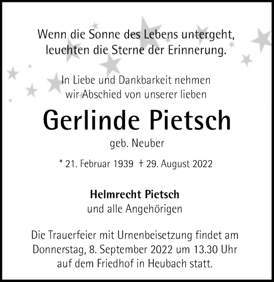 Traueranzeige von Gerlinde Pietsch von Gmünder Tagespost