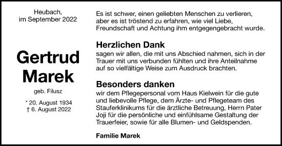 Traueranzeige von Gertrud Marek von Gmünder Tagespost