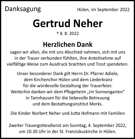 Traueranzeige von Gertrud Neher von Schwäbische Post