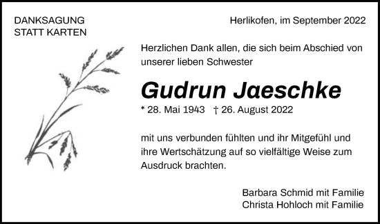 Traueranzeige von Gudrun Jaeschke von Gmünder Tagespost