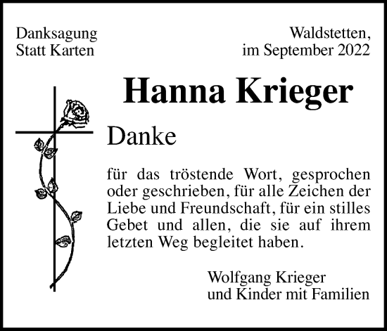 Traueranzeige von Hanna Krieger von Gmünder Tagespost